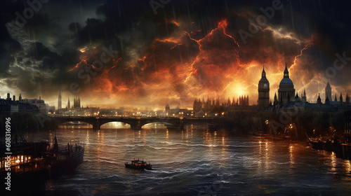  London cityscape with dramatic lighting and a futuristic lightning storm, inspired by JMW Turner , Generative AI photo