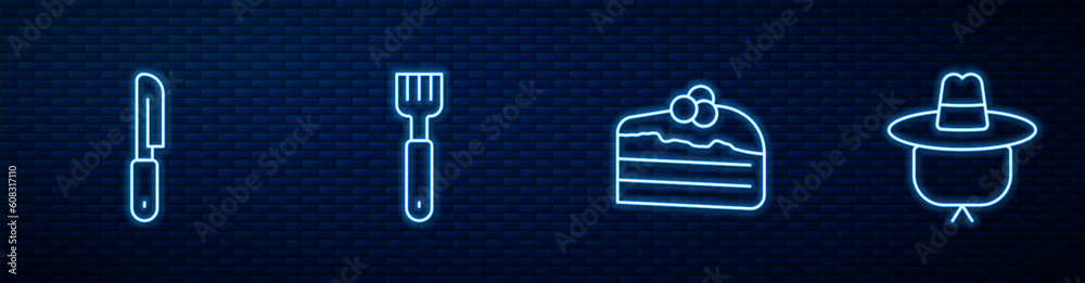 Set line Piece of cake, Knife, Fork and Camping hat. Glowing neon icon on brick wall. Vector Set line Piece of cake, Knife, Fork and Camping hat. Glowing neon icon on brick wall. Vector