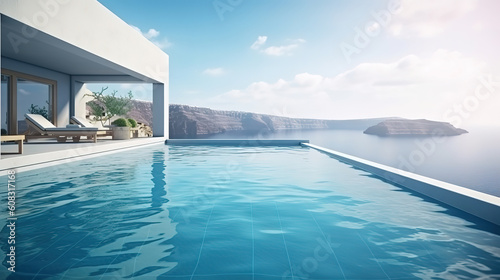 3d rendering of a pool with sunbeds in a hotel in Santorini, the Greek island. Generative Ai