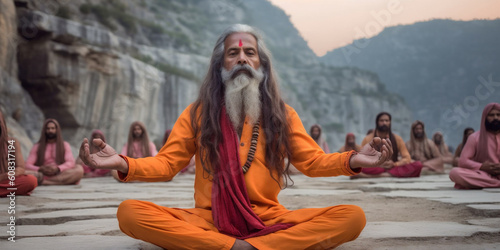 India Rishikesh, outside near Gange river, a man siddha yoga teacher with long hair, sitting in meditation asana. AI Generative