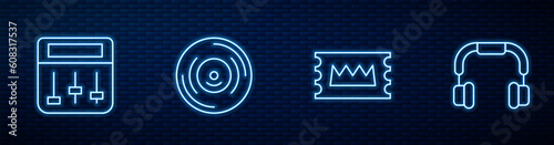 Set line Concert ticket, Drum machine music, Vinyl disk and Headphones. Glowing neon icon on brick wall. Vector