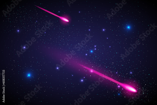 Beautiful galaxy background with nebula cosmos and comets. Stardust and bright shining stars in universal. Vector illustration.