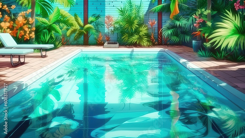 Turquoise Swimming Pool in Stylish Tropical Beach Club. Generative Ai