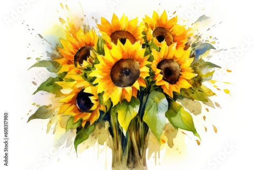 Sunny Sunflower Bouquet watercolor illustration. Generative AI