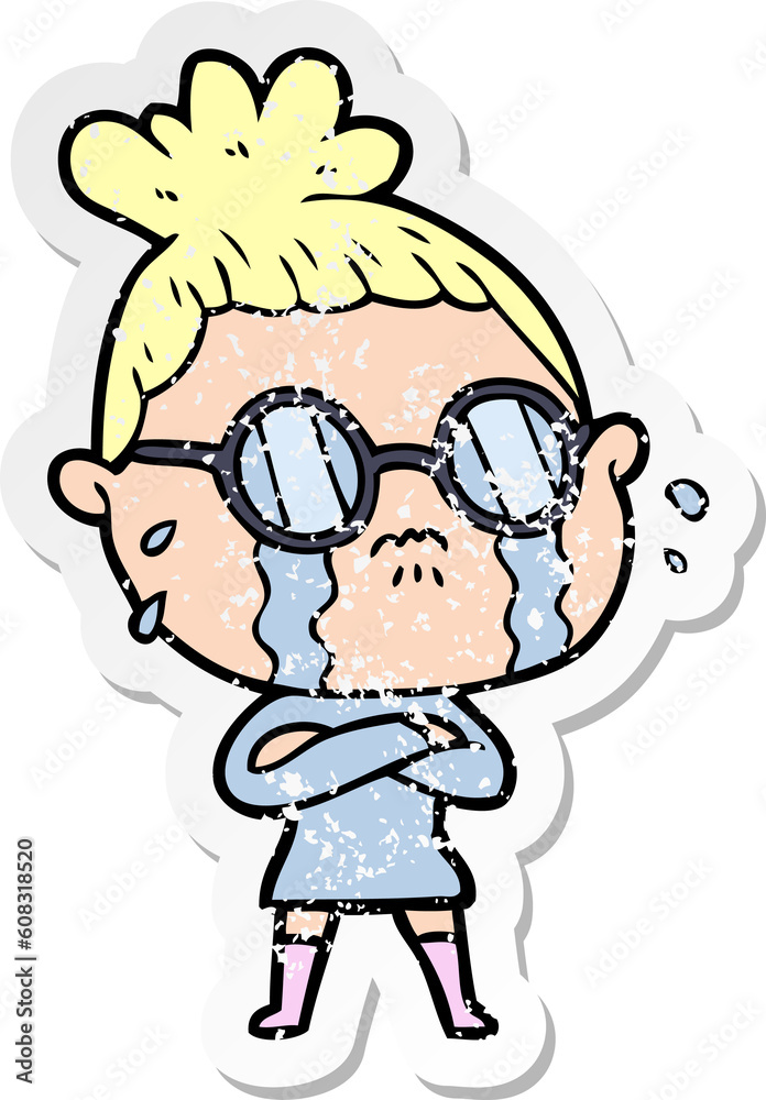 distressed sticker of a cartoon crying woman wearing spectacles