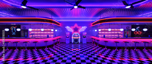 Retro diner interior with tile floor, jukebox, neon illumination, vintage arcade machine and bar stools. 3d illustration.