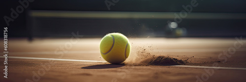 panorama of tennis ball is hitting the ground on a tennis court, professional shot, net in a background, tennis banner for your text, AI © kiddsgn