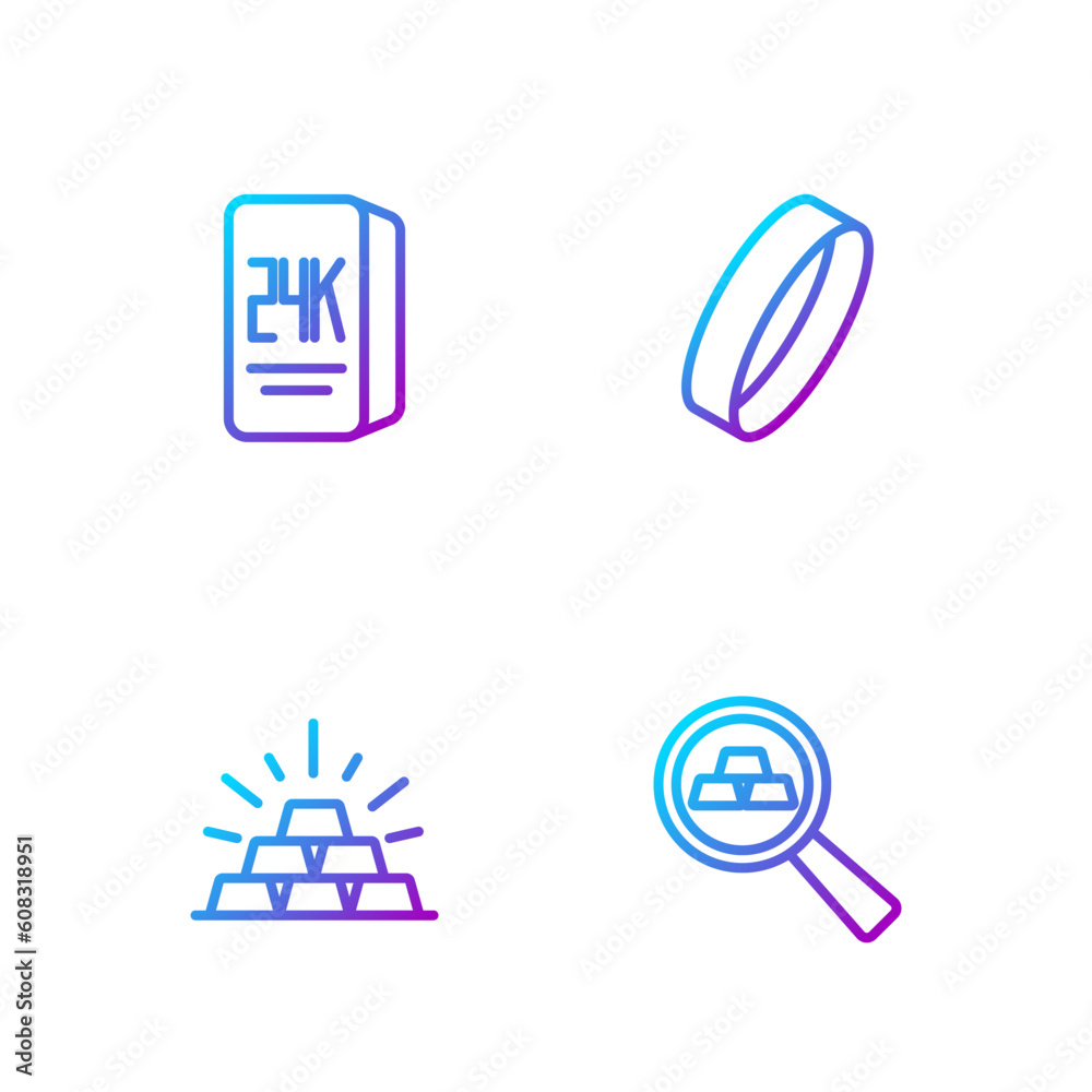 Set line Gold bars, 24k and ring. Gradient color icons. Vector Set line Gold bars, 24k and ring. Gradient color icons. Vector