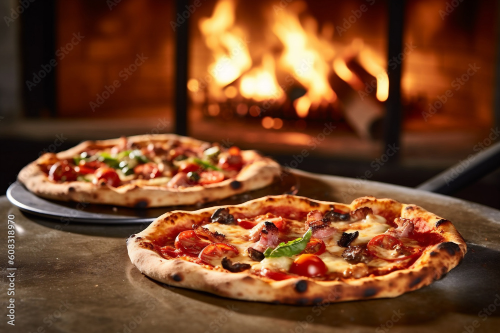 Making really Italian Pizza in the Traditional Firewood Stone Wood Fired Pizza Oven. AI Generative Making really Italian Pizza in the Traditional Firewood Stone Wood Fired Pizza Oven. AI Generative
