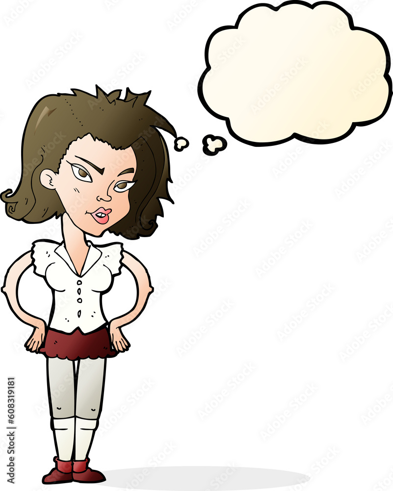 cartoon woman with hands on hips with thought bubble cartoon woman with hands on hips with thought bubble
