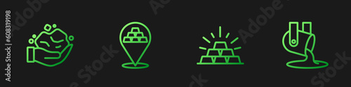 Set line Gold bars, nugget, and Molten gold being poured. Gradient color icons. Vector
