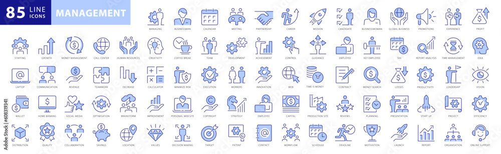 Management line icons set. Business Managment and Direction elements outline icons collection. Businessman, Career, Human Resources, Employee, Strategy, Communication, Teamwork - stock vector