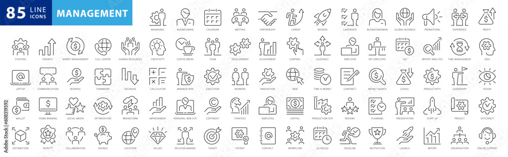 Management line icons set. Business Managment and Direction elements outline icons collection. Businessman, Career, Human Resources, Employee, Strategy, Communication, Teamwork - stock vector - obrazy, fototapety, plakaty 