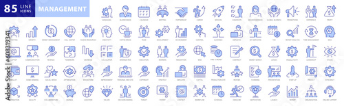 Management line icons set. Business Managment and Direction elements outline icons collection. Businessman, Career, Human Resources, Employee, Strategy, Communication, Teamwork - stock vector