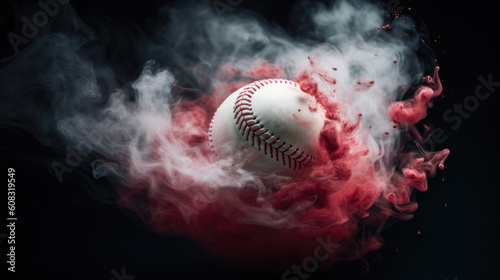 graphic baseball wallpaper, ball surrounded by red smoke and clouds on a dramatic black background, artistic sport banner, original shot, AI 