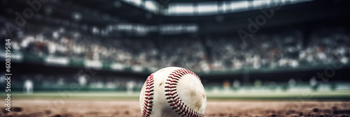 panorama baseball stadium with a baseball ball resting on the center of the image, supporters in a stadium in background, design banner for your text, AI photo