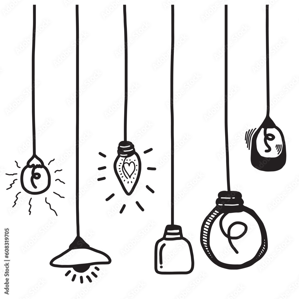 Naklejka premium Hand drawn light bulb icons with concept of idea. Doodle style. Vector illustration.