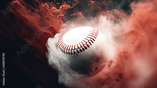 baseball flying through a red cloud of smoke, original and creative illustration, AI
