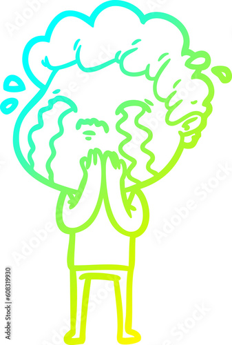 cold gradient line drawing of a cartoon man crying