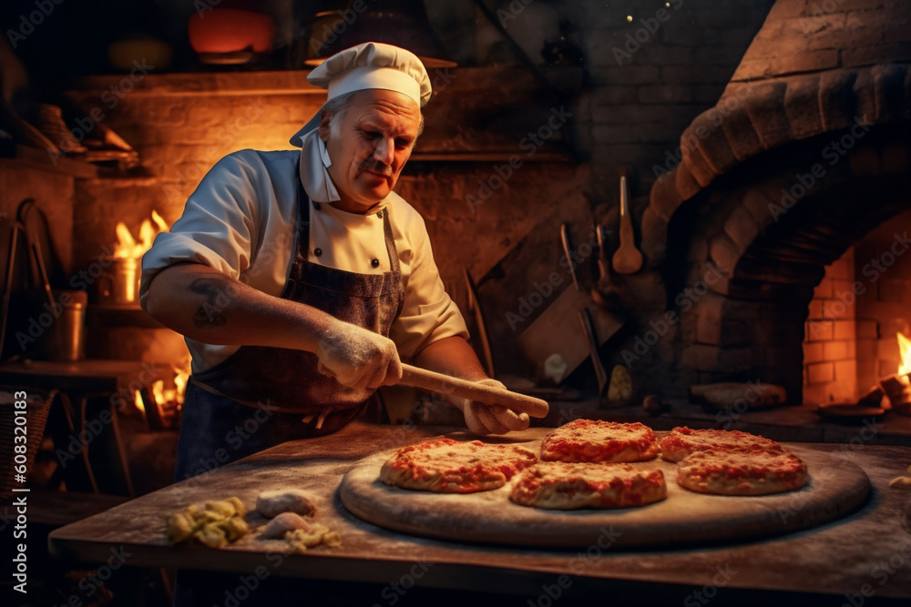 Italian chef is doing really Italian Pizza in the Traditional Firewood Stone Wood Fired Pizza Oven. AI Generative