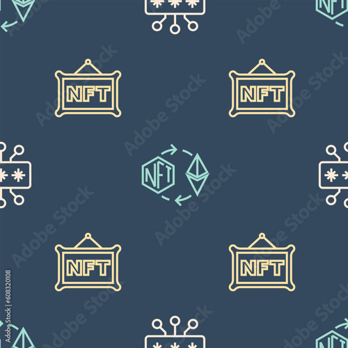 Set line Cyber security, NFT Digital crypto art and Ethereum exchange on seamless pattern. Vector