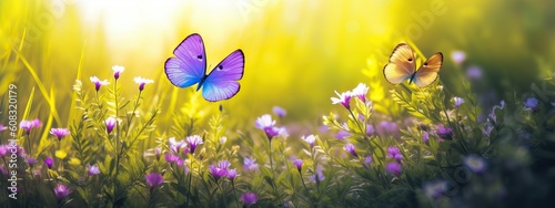 Small wild purple flowers in grass and two yellow butterflies soaring in nature in rays of sunlight close-up. Spring summer natural landscape