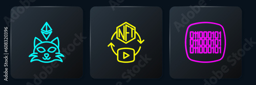 Set line NFT Digital crypto art, Binary code and . Black square button. Vector