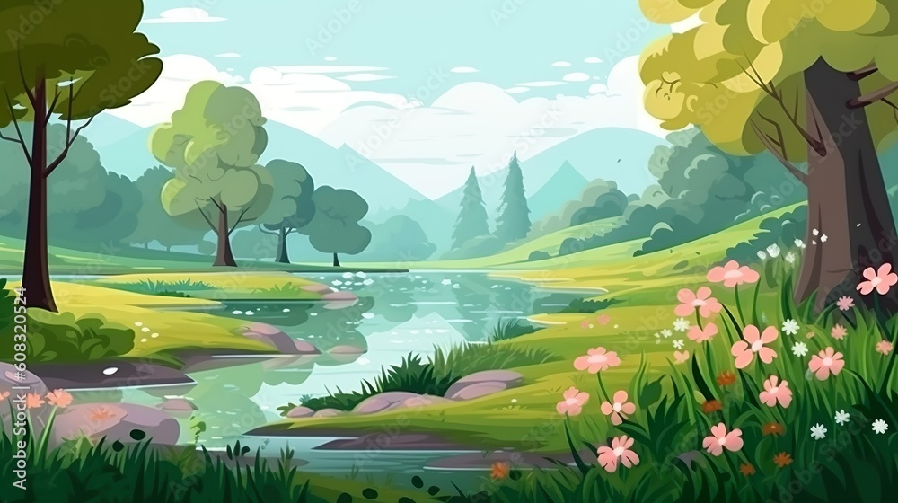 Abstract background forest with river. A captivating illustration of a forest with a meandering river, complemented by an abstract background and skillful banner design. Generative AI.