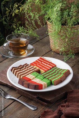 Malaysian dish Kek Lapis Sarawak or Sarawak layered cake with beautiful various colors. A similar cake in Indonesia is also known as Kek Lapis Legit or Legit Layered Cake.