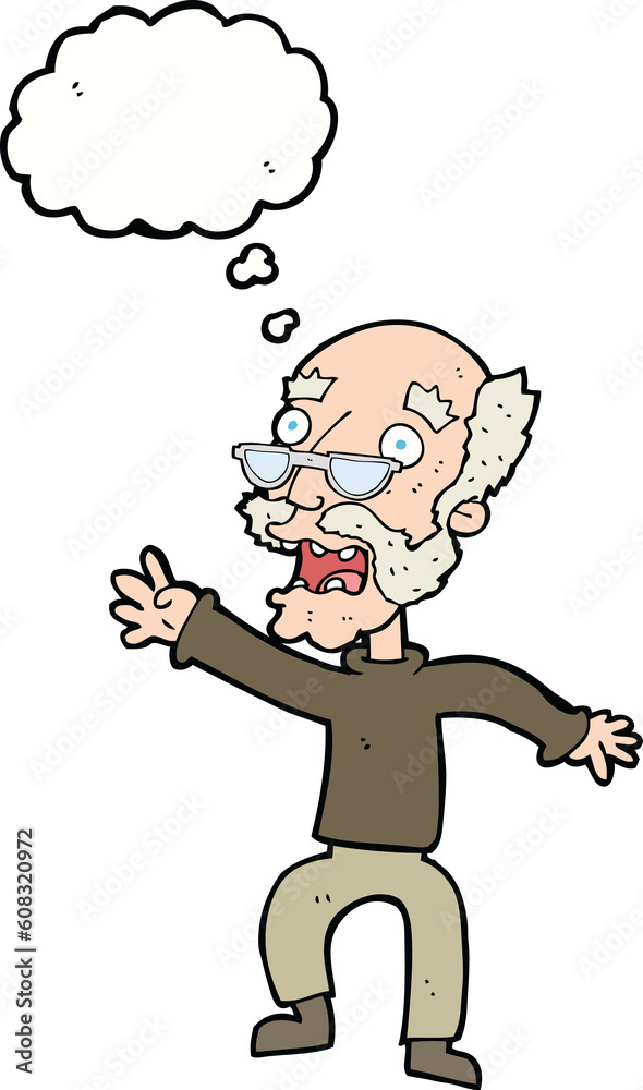 cartoon frightened old man with thought bubble