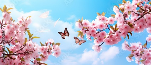Large format spring image of blooming nature. Branches of pink cherry blossoms and fluttering butterflies against a blue sky with clouds on bright sunny day