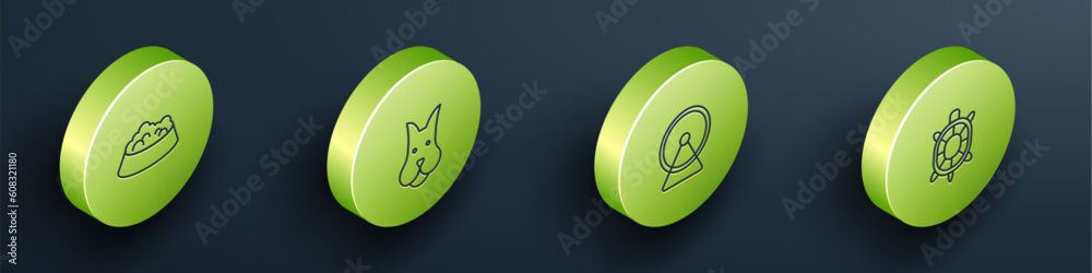 Set Isometric line Pet food bowl for cat or dog, Dog, Hamster wheel and Turtle icon. Vector Set Isometric line Pet food bowl for cat or dog, Dog, Hamster wheel and Turtle icon. Vector