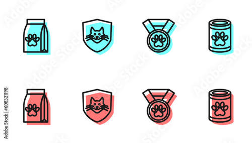 Set line Pet award symbol, Bag of food for pet, Animal health insurance and Canned icon. Vector