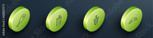 Set Isometric Chicken leg, Paper glass with straw, Grilled shish kebab and Croissant icon. Vector