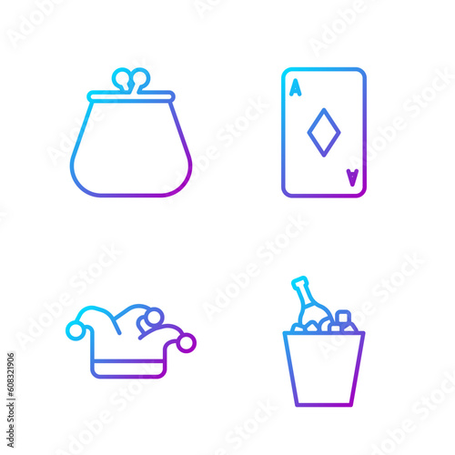 Set line Champagne in an ice bucket, Joker playing card, Wallet and Playing card with diamonds. Gradient color icons. Vector