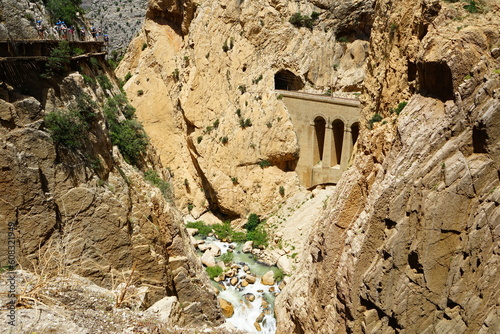 Ancient aqueduct sight from Caminito del Rey, Guadalhorce river, Desfiladero de los Gaitanes, El Chorro, Ardales, Malaga, Spain.