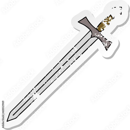 distressed sticker of a quirky hand drawn cartoon sword