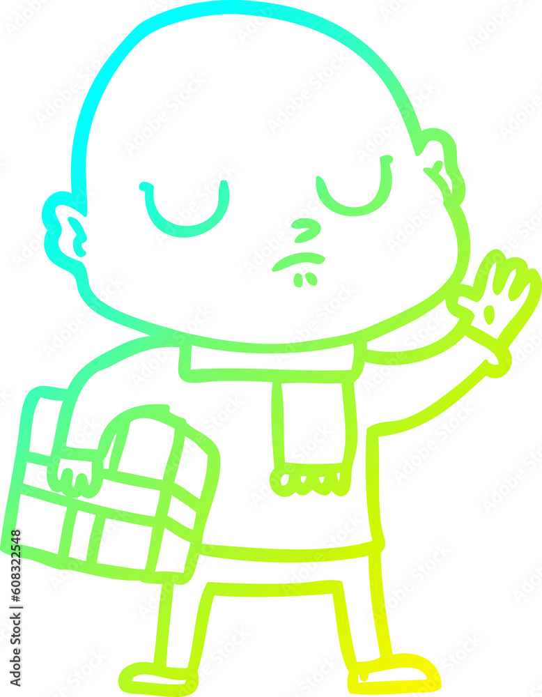 cold gradient line drawing of a cartoon bald man with xmas gift cold gradient line drawing of a cartoon bald man with xmas gift