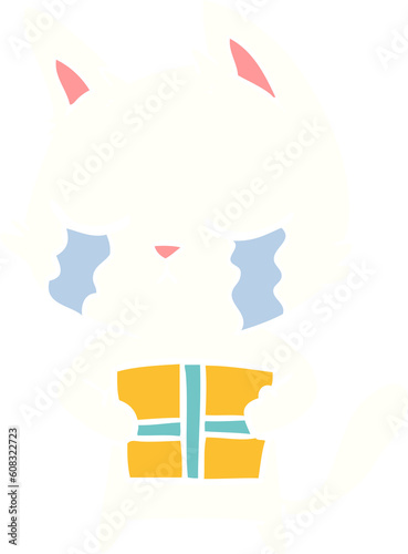 crying flat color style cartoon cat holding christmas present