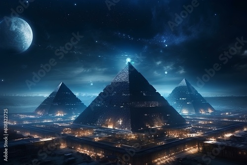 pyramids and obelisk in the center of a futuristic egyptian megacity. beautiful advanced necrobotic pyramids under starry sky. generative AI