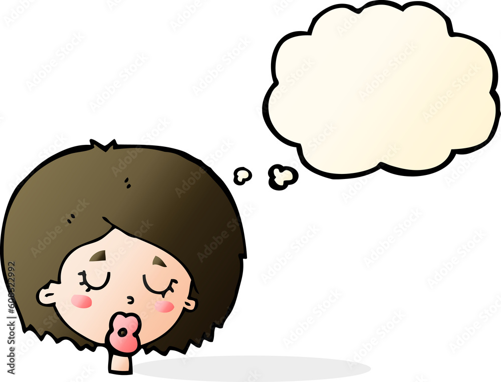 cartoon woman with eyes closed with thought bubble cartoon woman with eyes closed with thought bubble