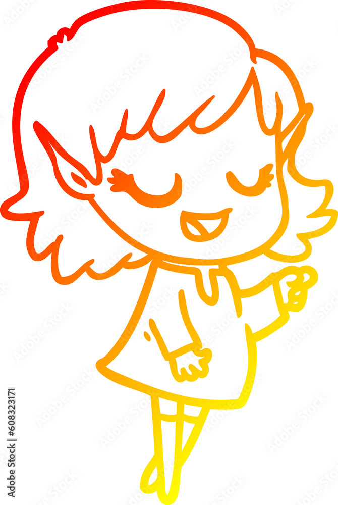 warm gradient line drawing of a happy cartoon elf girl pointing warm gradient line drawing of a happy cartoon elf girl pointing