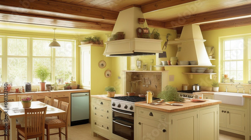 A cozy kitchen with warm colors and natural light. Stone counters, cream cabinets, island with bar stools. Pots and pans hang above. Perfect for home decor or cooking projects.