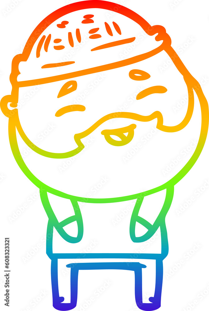 rainbow gradient line drawing of a cartoon happy bearded man