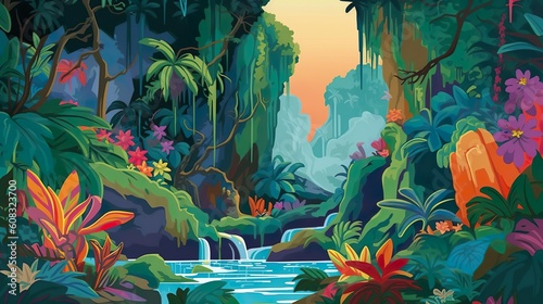 Abstract background waterfall in jungle forest. Illustration of a majestic jungle waterfall surrounded by lush greenery, featuring background and eye-catching banner design. Generative AI.