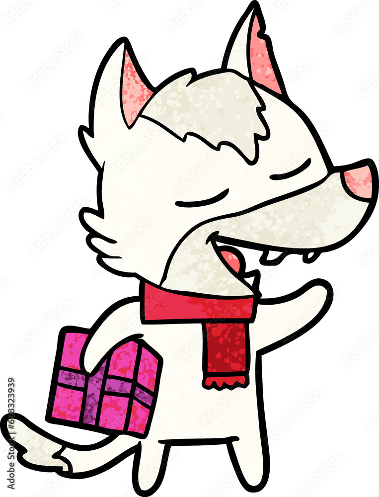 cartoon wolf with christmas present laughing cartoon wolf with christmas present laughing