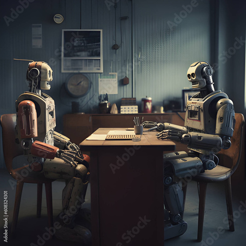 the robot job interview, in the style of pensive poses, allover composition photo