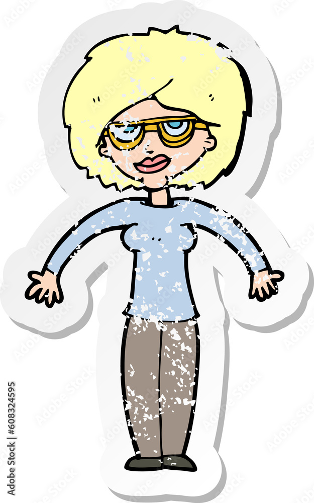 retro distressed sticker of a cartoon woman shrugging shoulders retro distressed sticker of a cartoon woman shrugging shoulders