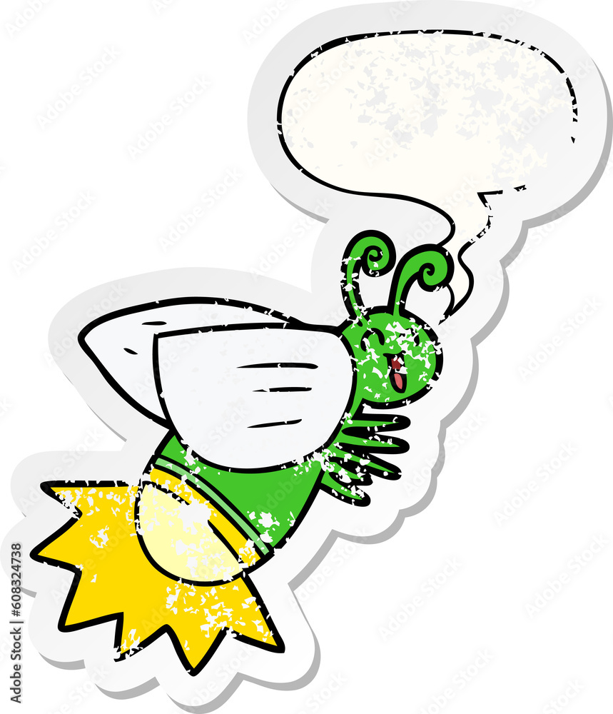 Fototapeta premium cartoon glow bug with speech bubble distressed distressed old sticker