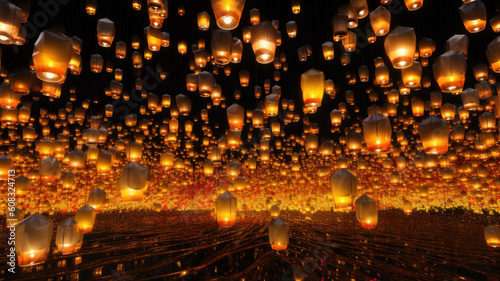 Flying paper lanterns. Generative AI © Aliaksei